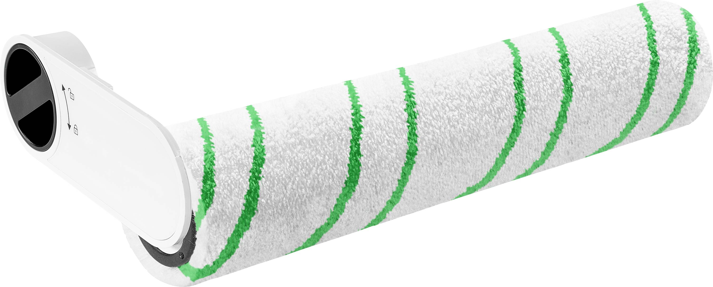 Un rullo levacotone cilindrico bianco con strisce a spirale verde e un manico nero, mostrato su uno sfondo neutro.