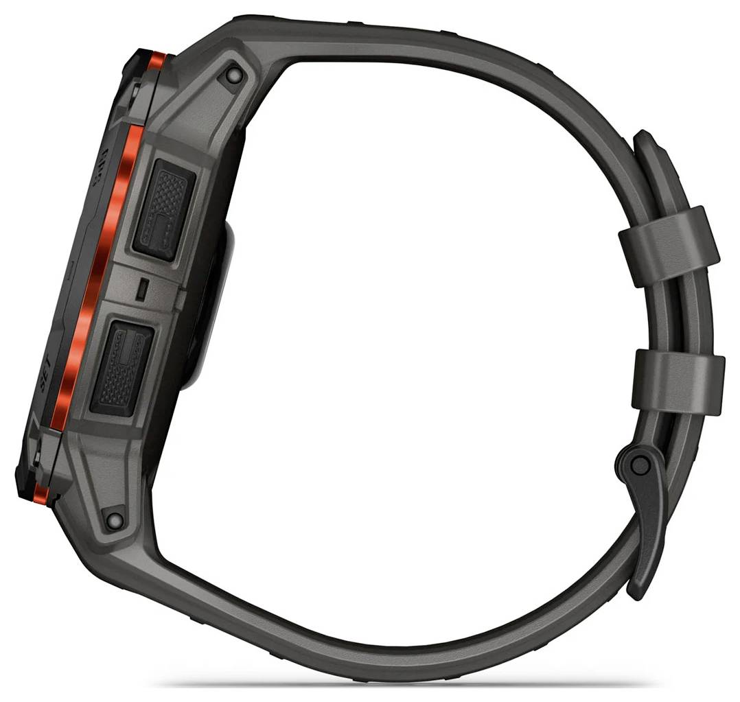 Smartwatch nero con quadrante rettangolare ampio e accento laterale arancione, mostrato di profilo su un cinturino nero.