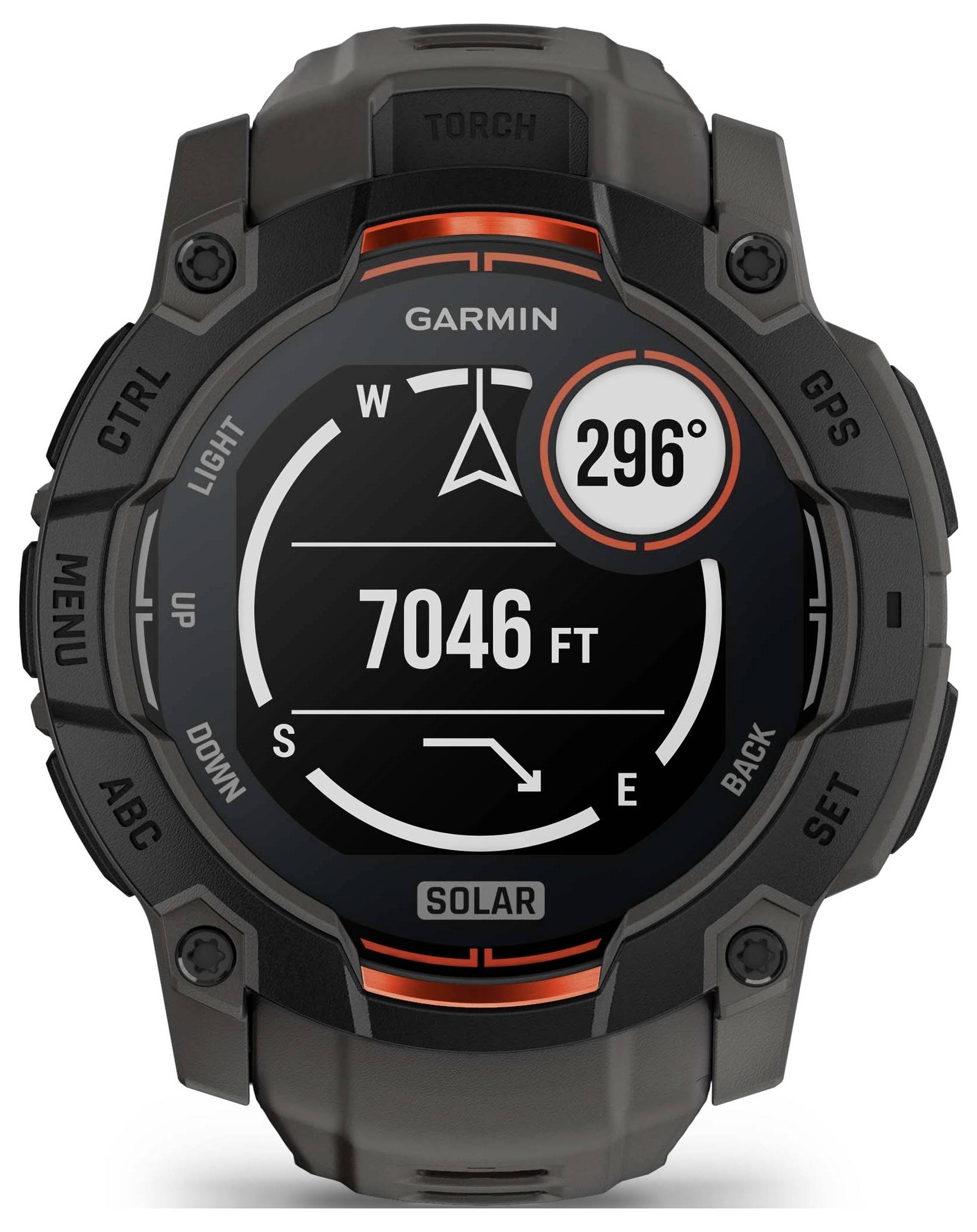 Smartwatch GPS Garmin a energia solare che mostra una bussola e un altimetro: direzione 296° e altitudine 7046 ft.