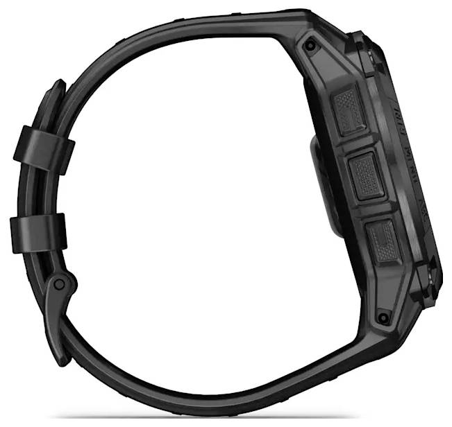 Cinturino e cassa di un orologio da polso robusto di colore nero mostrati isolati su uno sfondo bianco, senza display visibile.