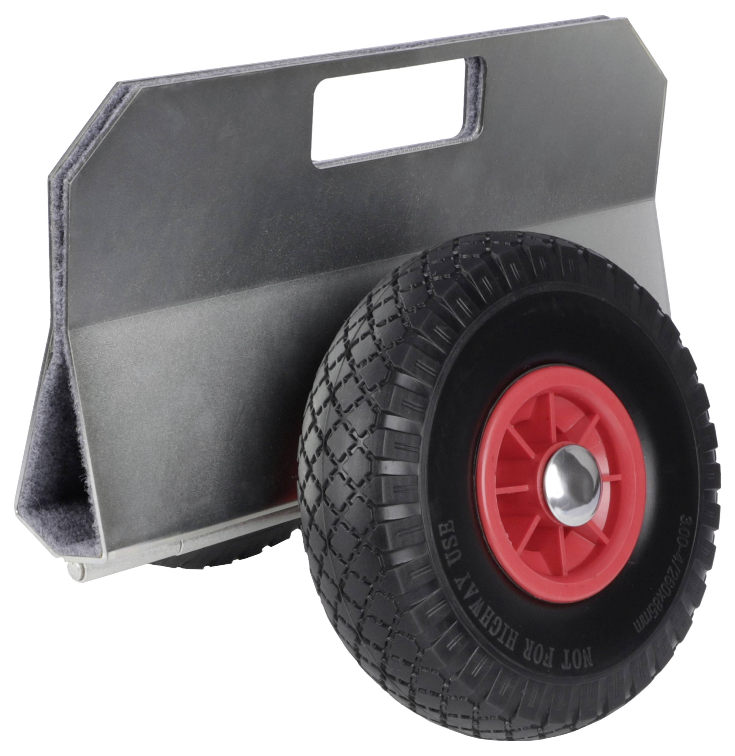 Carrello portabile per il trasporto manuale con una grande ruota rossa e telaio in metallo grigio, mostrato su sfondo bianco.
