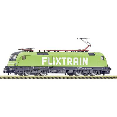 Locomotiva elettrica Green FLIXTRAIN mostrata in vista laterale su sfondo bianco.
