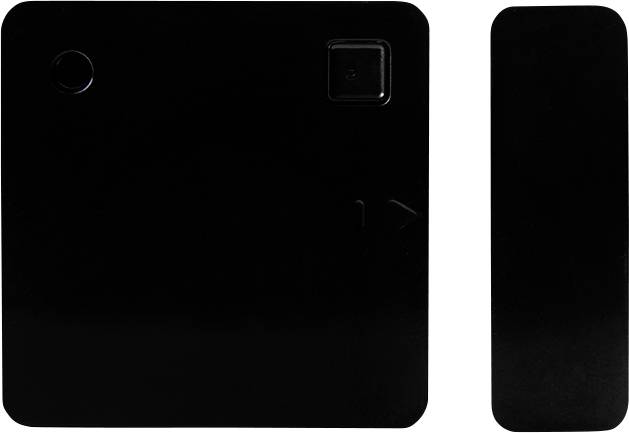 Pannello dispositivo nero a forma di quadrato arrotondato con un piccolo indicatore circolare e un pulsante quadrato vicino alla parte superiore, più un pezzo rettangolare nero stretto separato accanto ad esso.