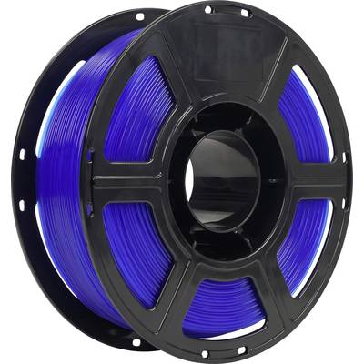 Rocchetto nero che contiene filamento blu per stampante 3D su sfondo bianco.