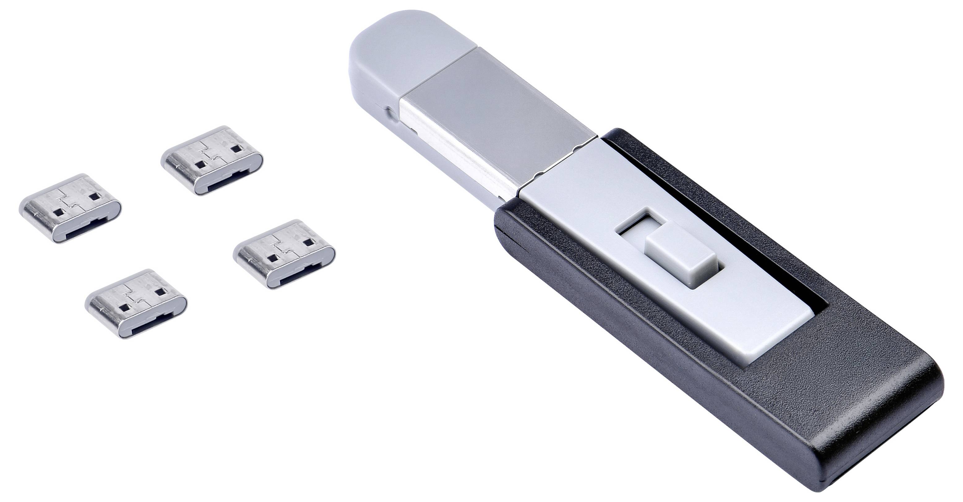 Chiavetta USB con quattro piccoli dongle ricevitori staccabili, che suggerisce un set di dispositivo USB wireless.