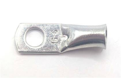 Un connettore a forca metallico con un foro circolare per collegare un terminale di filo tramite bullone.