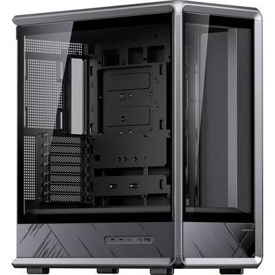 Custodia PC mid-tower nera con pannelli laterali e anteriori in vetro temperato, che mostra l'interno vuoto e gli slot di espansione posteriori.
