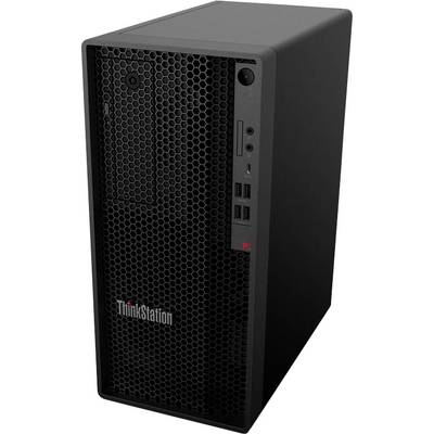 Torre desktop Lenovo ThinkStation nera con griglia anteriore a nido d'ape e porte anteriori per alimentazione, audio, USB e lettore di schede.