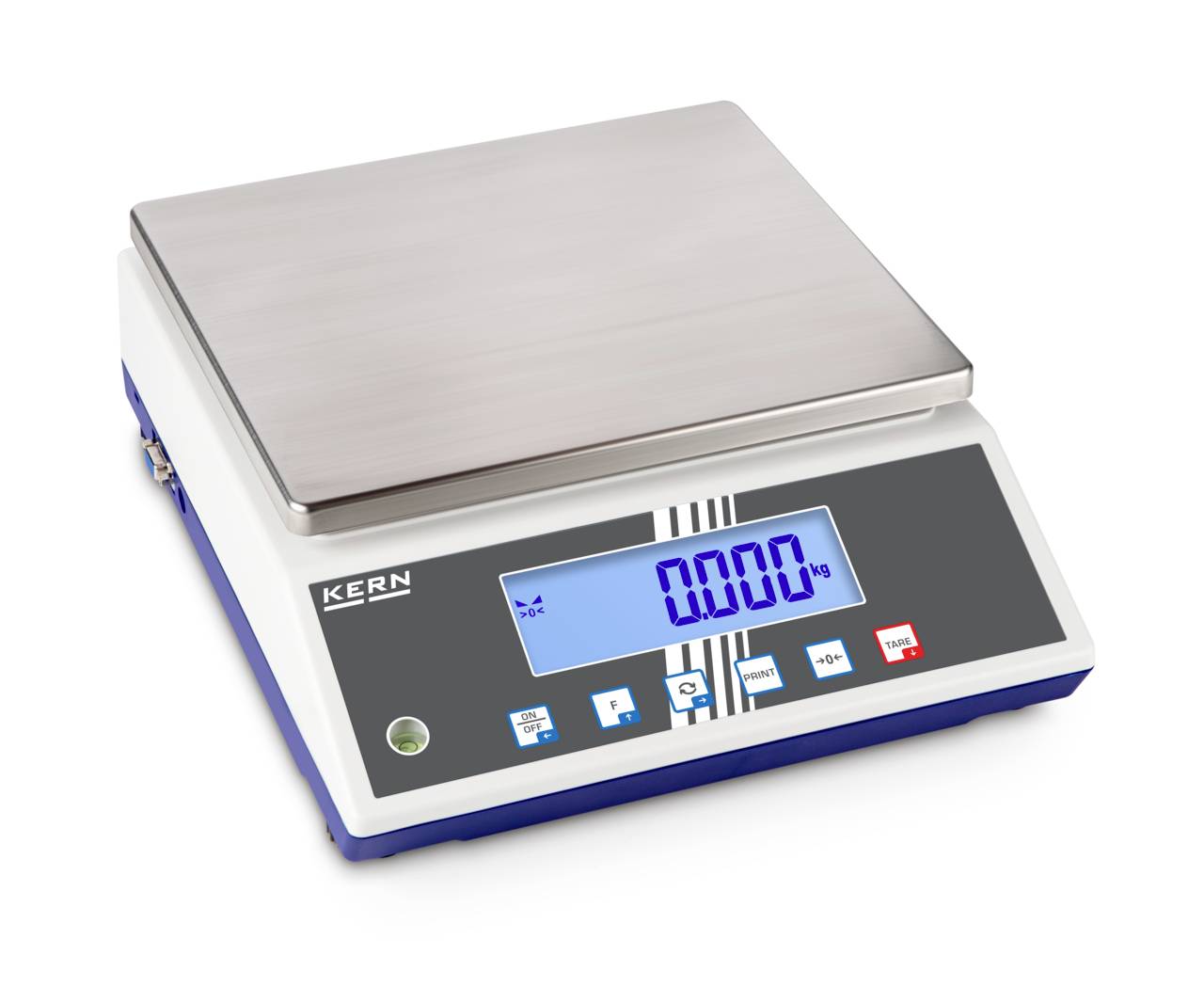 Bilancia digitale da banco con piattaforma di pesatura in acciaio inossidabile e display retroilluminato blu che mostra 0.000 kg.