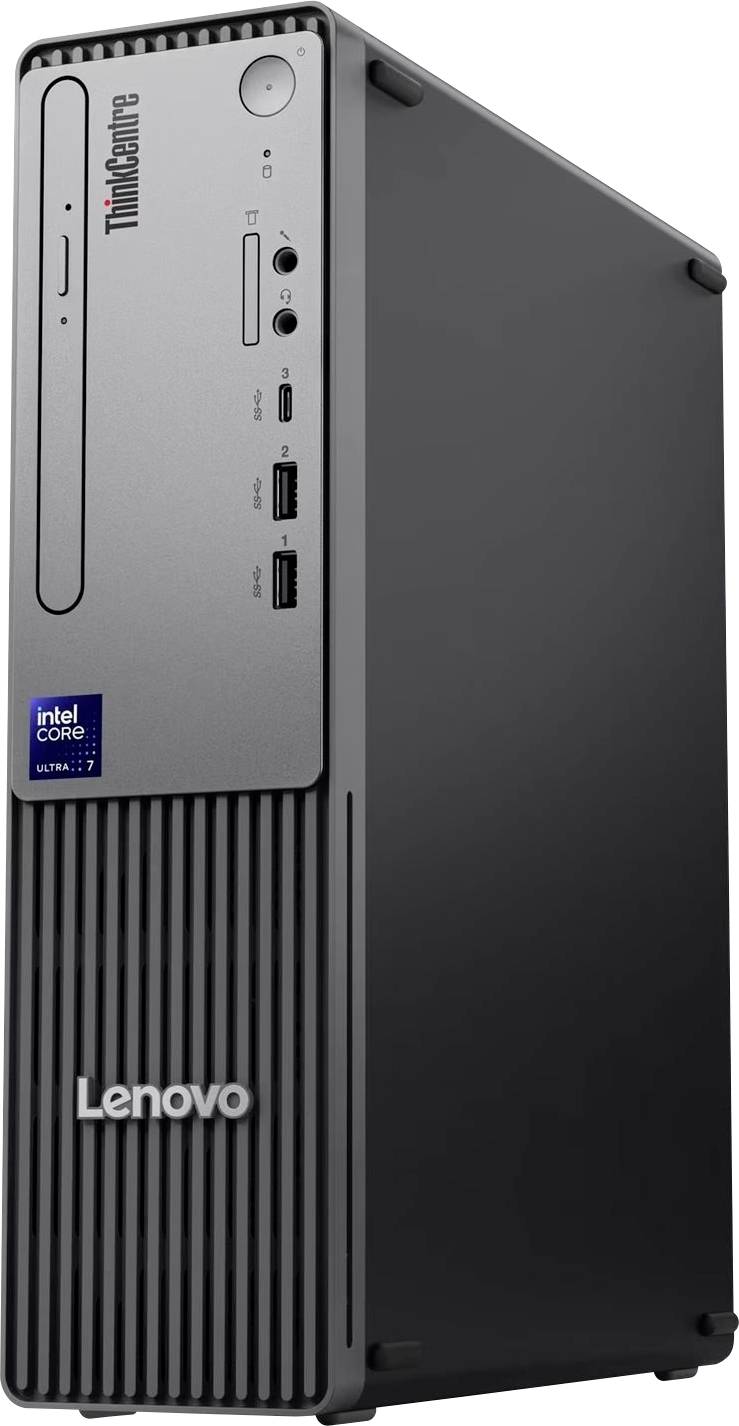 Computer tower Lenovo ThinkCentre da scrivania con pulsante di accensione frontale, porte USB, jack audio e badge Intel Core.
