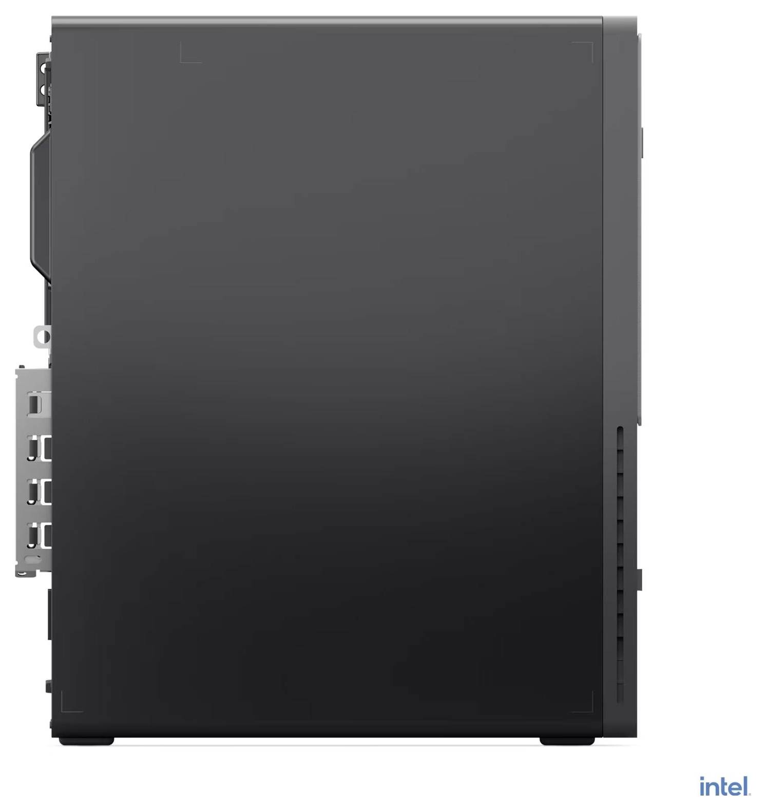 Vista frontale di un modulo computer Intel nero o mini PC con porte laterali e ventilazione, mostrato su sfondo bianco.