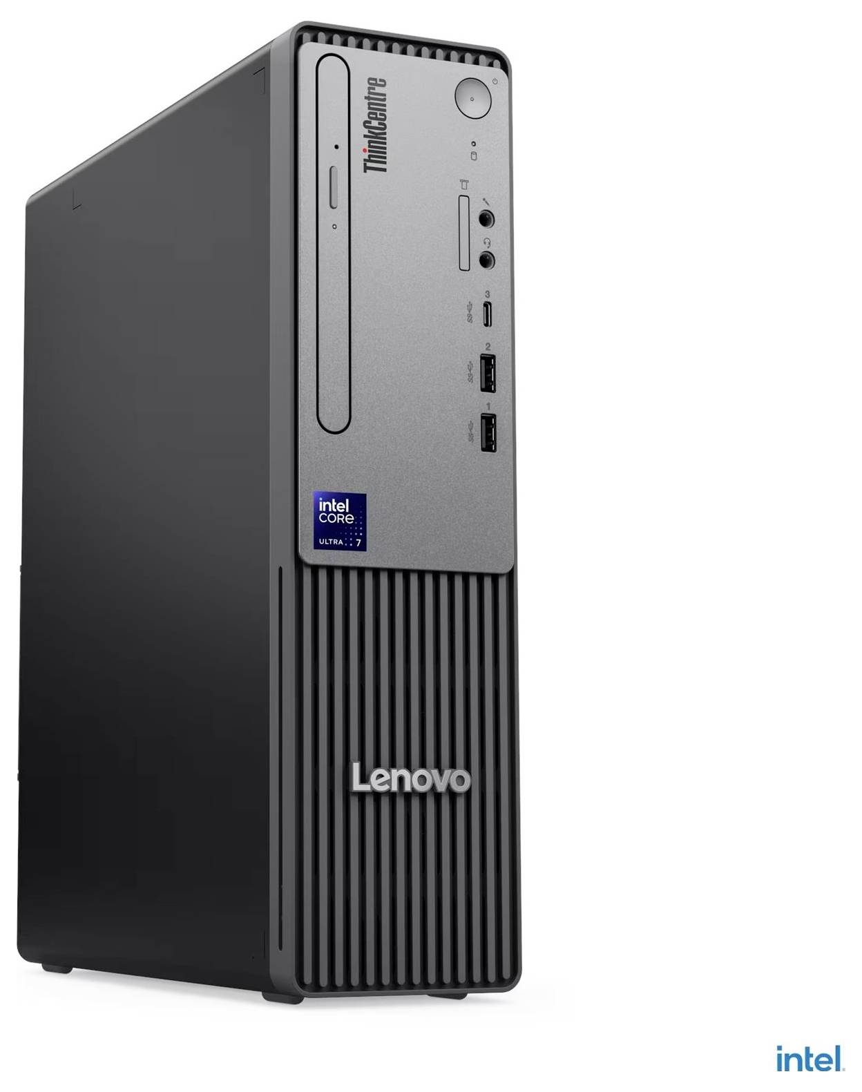 Computer tower desktop Lenovo ThinkCentre con porte anteriori e adesivo Intel Core 2 su sfondo bianco.