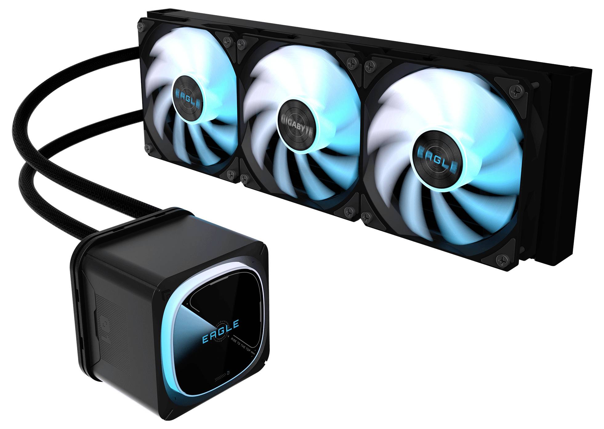 Raffreddatore CPU a liquido con tre ventole, radiatore nero, ventole illuminate in blu e unità pompa quadrata collegata tramite tubi su sfondo bianco.