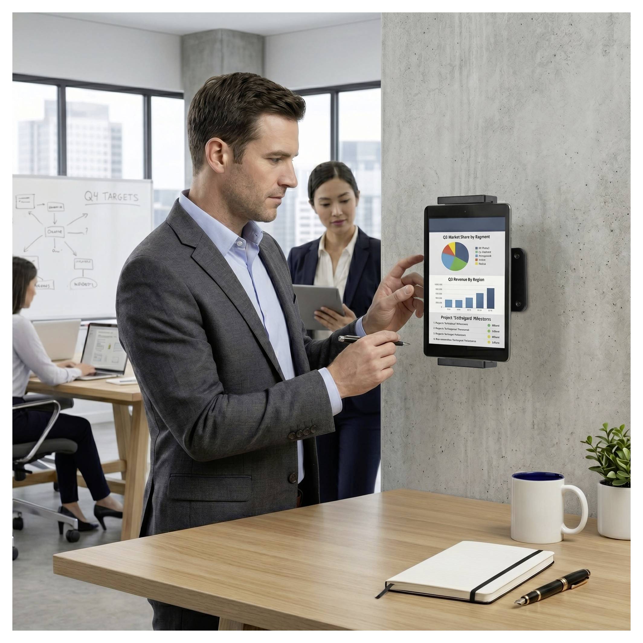 Un uomo d'affari tocca un tablet montato a parete che mostra grafici in un ufficio moderno mentre due colleghi osservano nelle vicinanze.