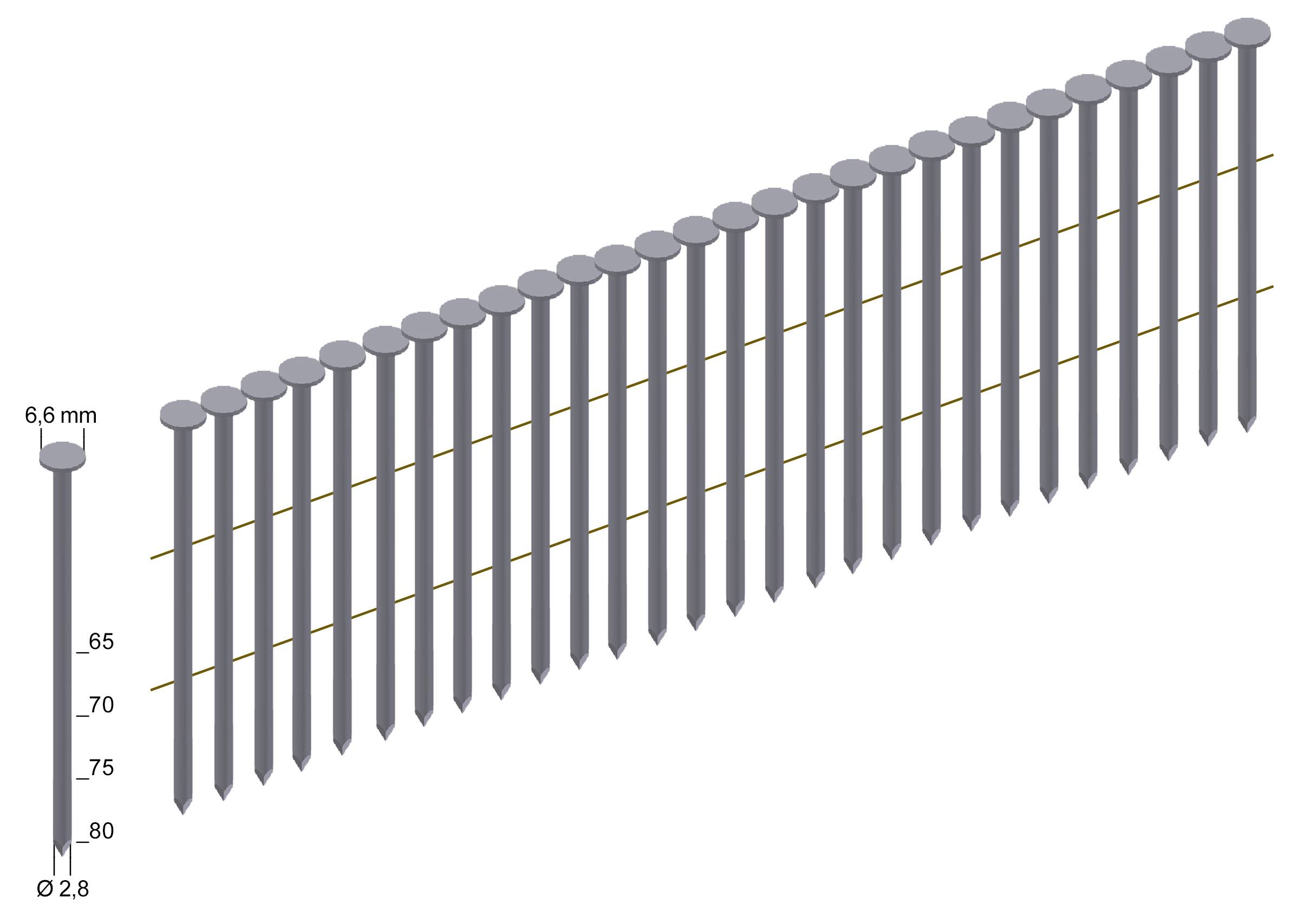 Diagramma di una serie di dimensioni di chiodi, che mostra più chiodi grigi in aumento di lunghezza, etichettati da 65 a 80 mm con diametro di 2,8 mm e testa di 6,6 mm.