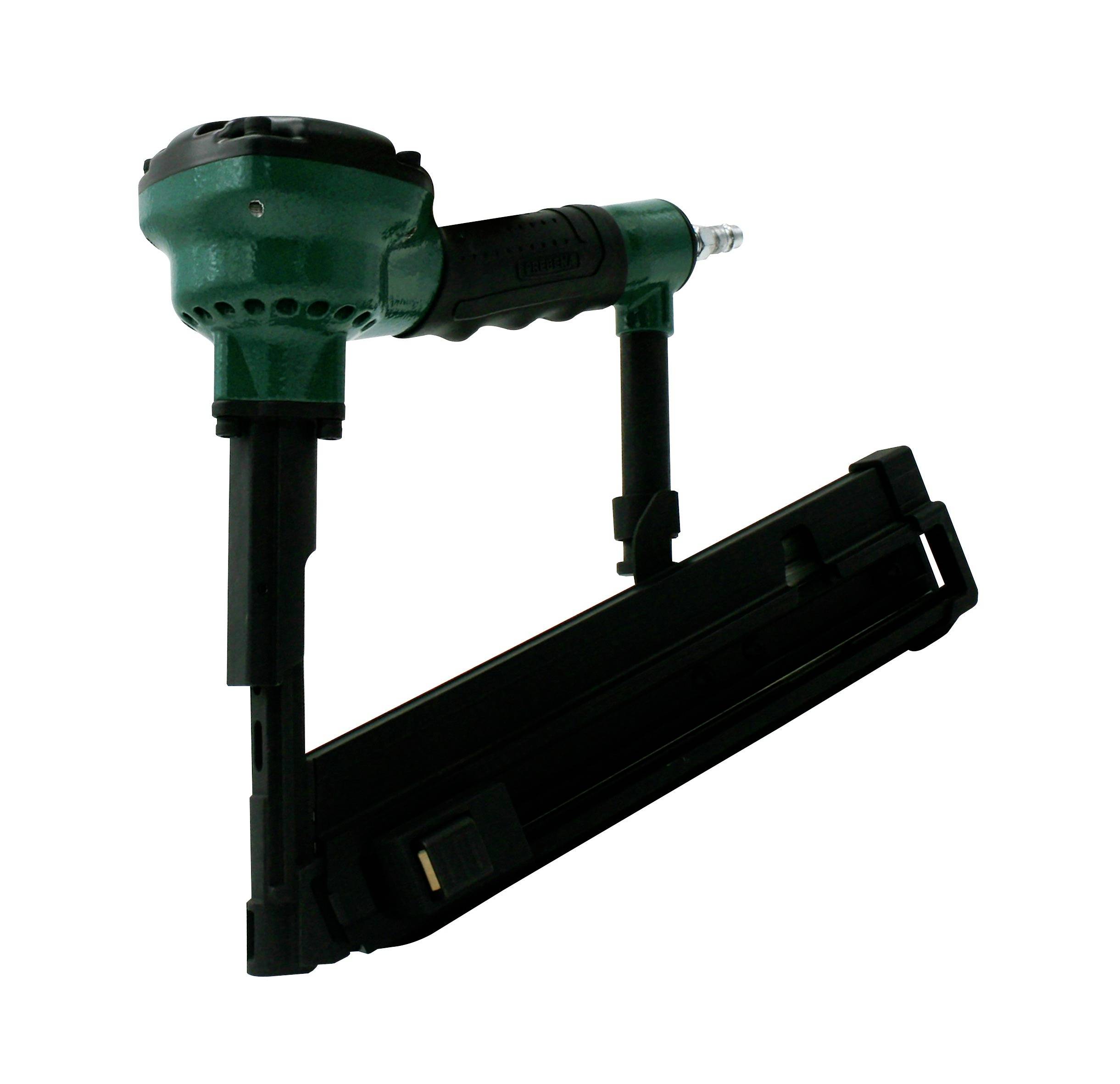 Pistola per chiodi pneumatica con corpo verde e nero, mostrata su sfondo bianco.
