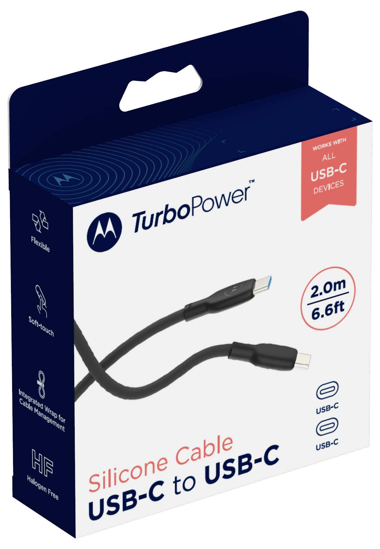 Confezione del cavo TurboPower in silicone da USB-C a USB-C, etichettato compatibile con tutti i dispositivi USB-C e lunghezza 2.0m (6.6ft).