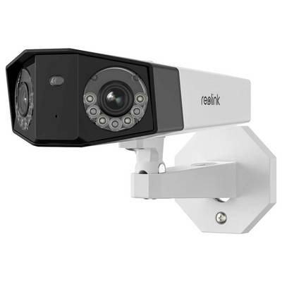 Telecamera di sicurezza esterna Reolink montata su una staffa a parete, mostrata in bianco e nero con doppi obiettivi e LED a infrarossi.