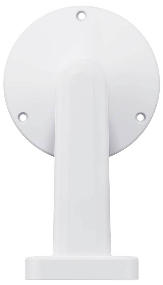 Supporto o staffa da parete di colore bianco con piastra posteriore rotonda, stelo centrale e base rettangolare su uno sfondo neutro.