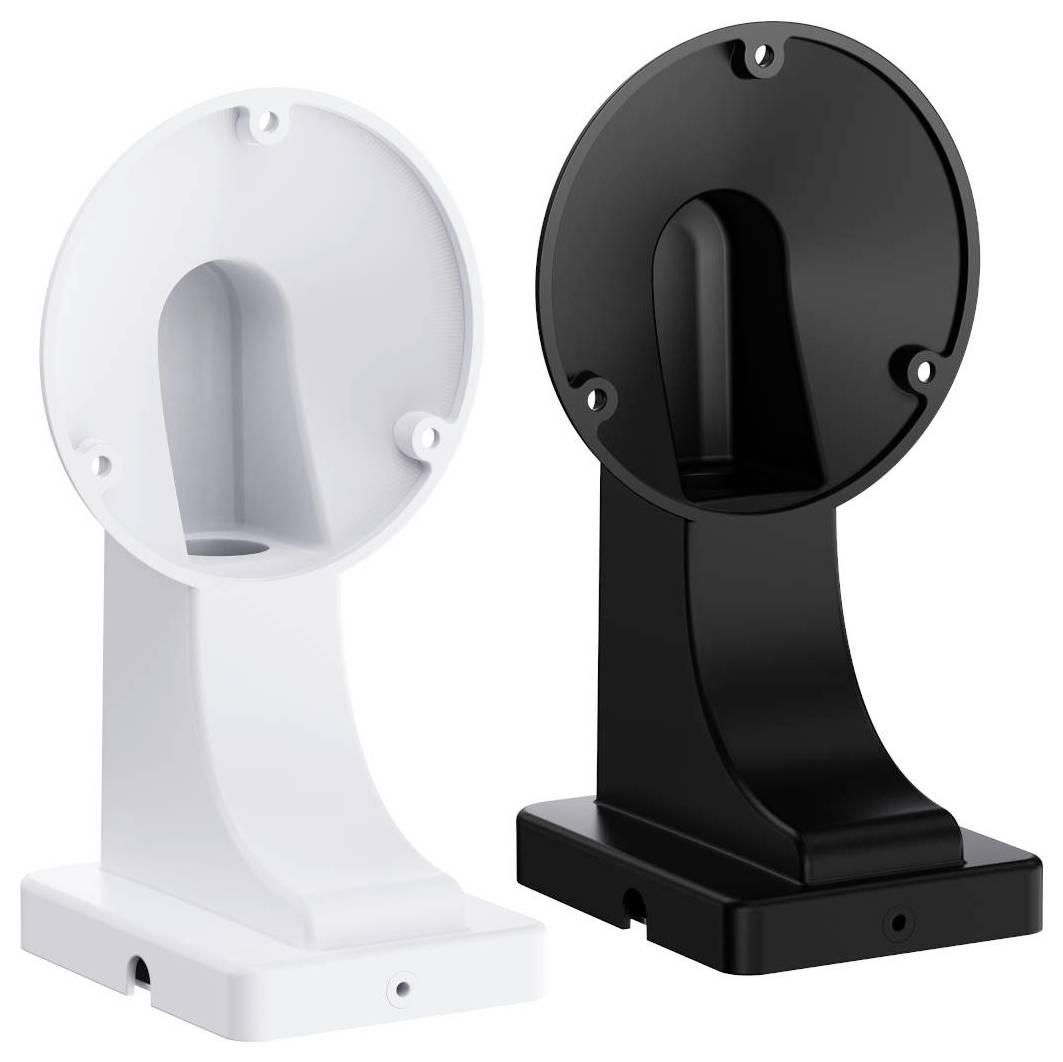 Due moder ni supporti per display rotondi mostrati affiancati, uno bianco e uno nero, con supporti curvi su basi rettangolari.