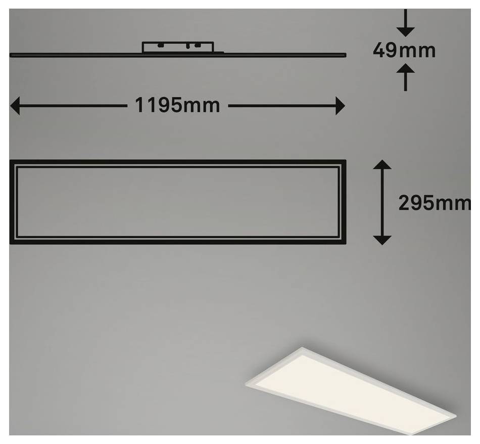 Disegno tecnico di un pannello luminoso rettangolare, che mostra dimensioni di 1195mm di larghezza, 295mm di altezza e 49mm di profondità, con un piccolo render del prodotto nell'angolo.