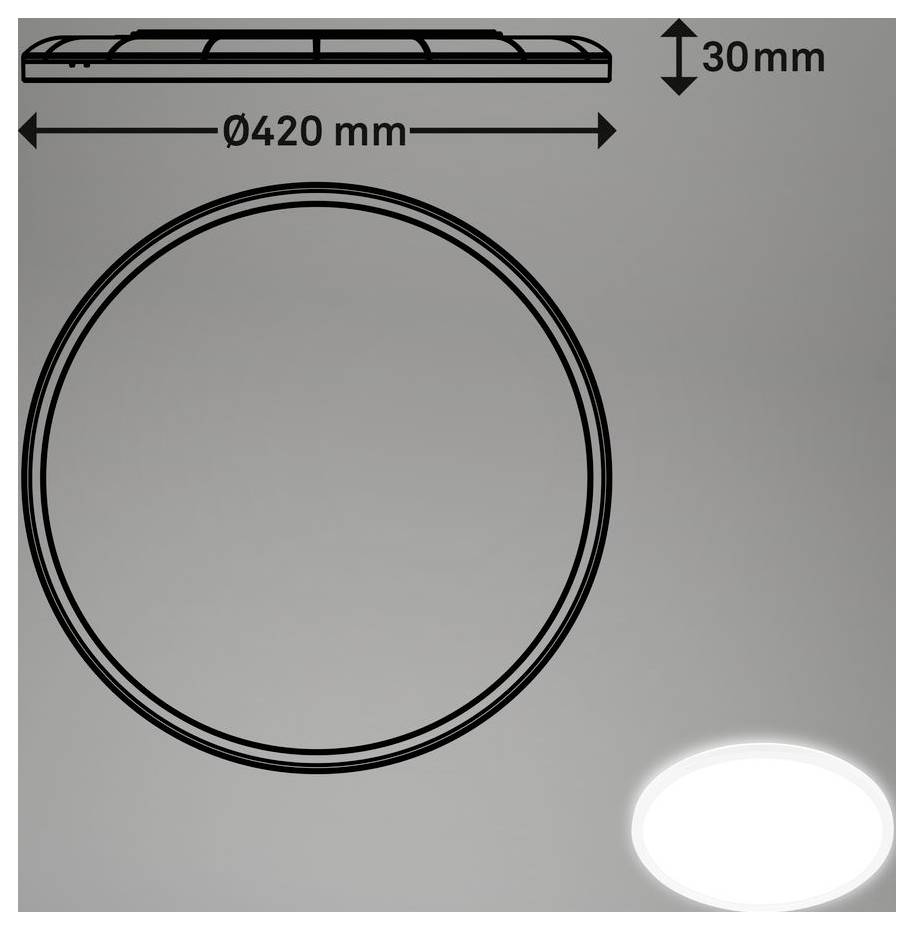 Diagramma tecnico di un oggetto rotondo, che mostra dimensioni di 420 mm di diametro e 30 mm di altezza, con viste superiore e frontale su uno sfondo grigio.