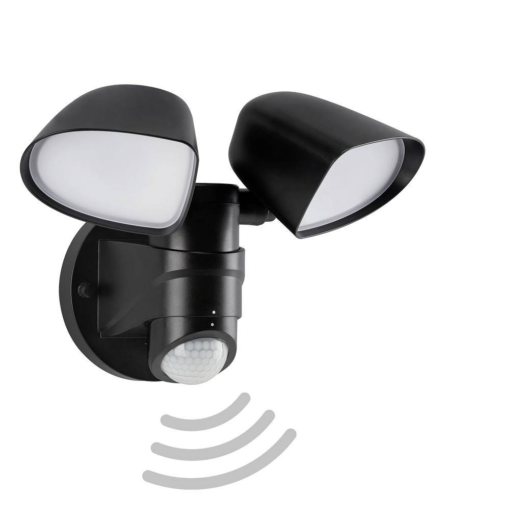 Luce di inondazione di sicurezza con doppia testata attivata dal movimento in nero con sensore PIR sotto le luci.