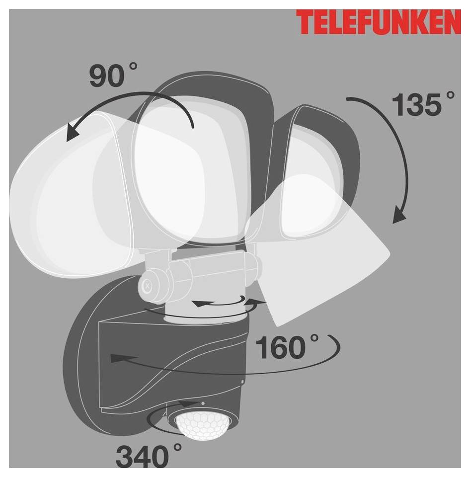 Luce di sicurezza con sensore di movimento Telefunken con doppia testata lampada, che mostra angoli regolabili: rotazione di 90°, 135°, 160° e 340°.