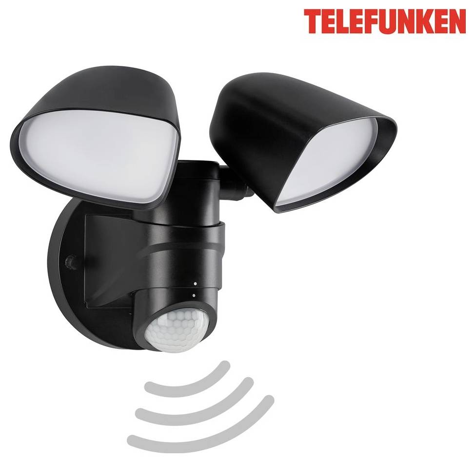 Telefonken faretto di sicurezza esterno nero a doppia testa con sensore di movimento e onde di rilevamento curve sottostanti.