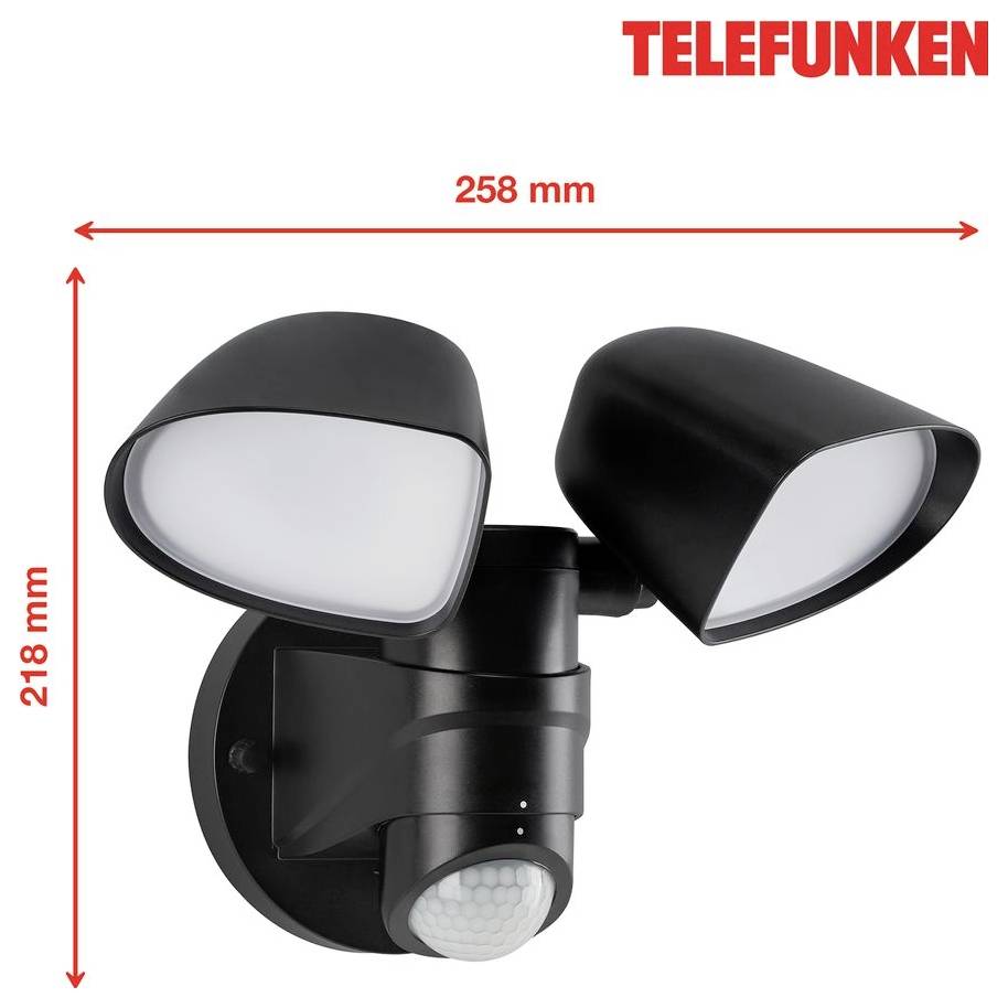 Luce di sicurezza nera Telefunken con doppio sensore di movimento per esterno, mostrata con dimensioni di 258 mm di larghezza e 218 mm di altezza.