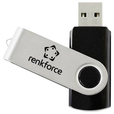 Unità flash USB argento e nera con logo "renkforce", mostrata inclinata su uno sfondo bianco.