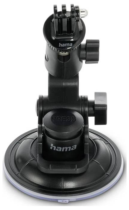 Supporto per fotocamera Hama nero con ventose, con giunti regolabili e testa stile treppiede, mostrato su uno sfondo bianco.