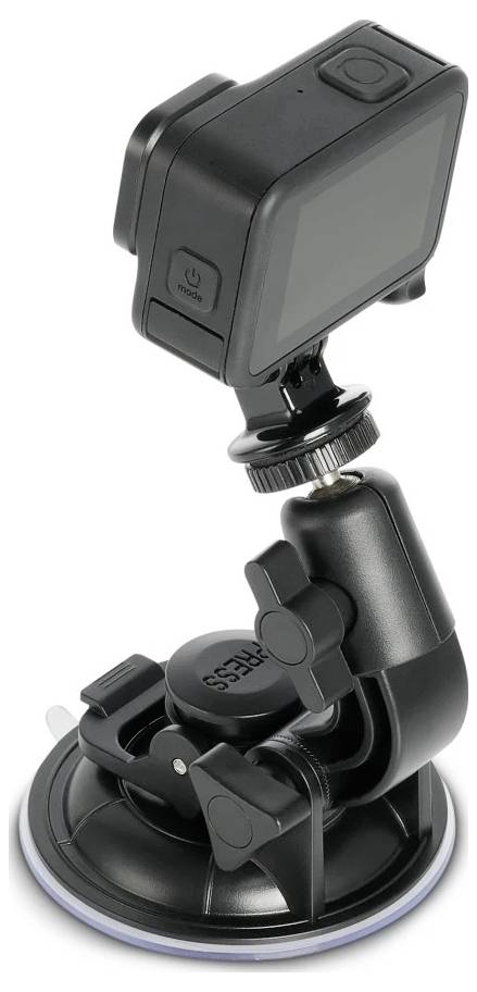 Supporto per auto con ventose nere per cruscotto, dotato di braccio girevole regolabile per tenere piccole fotocamere d'azione o supporti per telefoni.