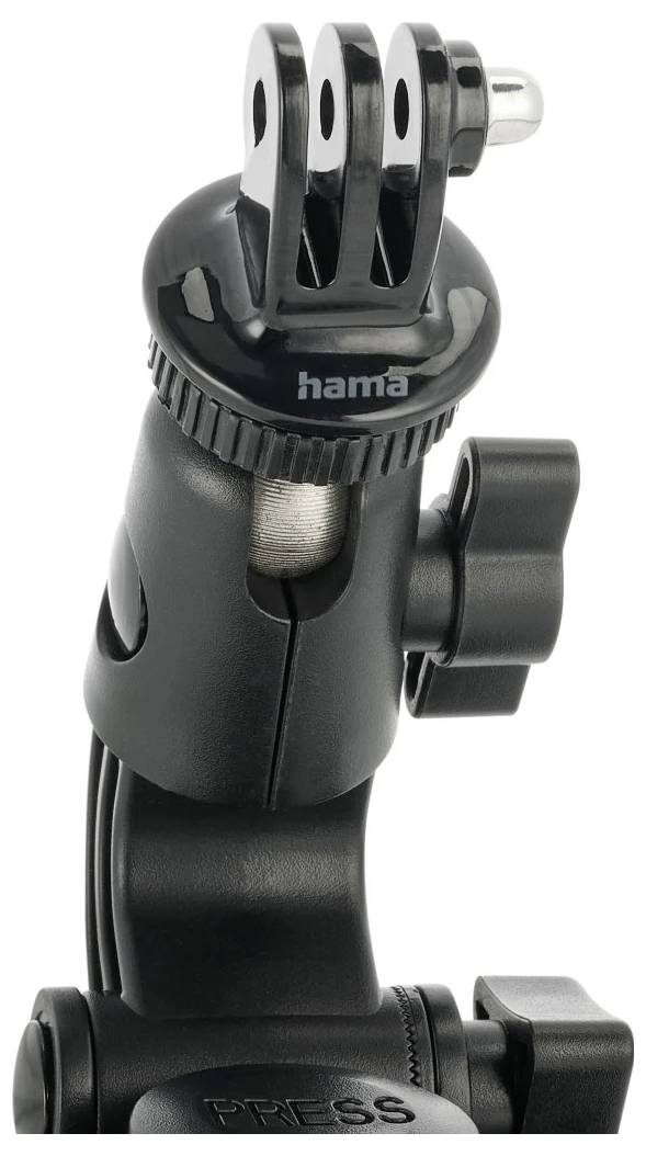 Adattatore di supporto per fotocamera Hama nero con connettore GoPro a tre punte e manopola regolabile, mostrato su sfondo bianco.
