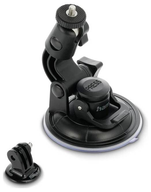 Supporto regolabile con ventosa nera con vite superiore e pulsante di rilascio "PRESS", mostrato con un piccolo adattatore staccabile su sfondo bianco.