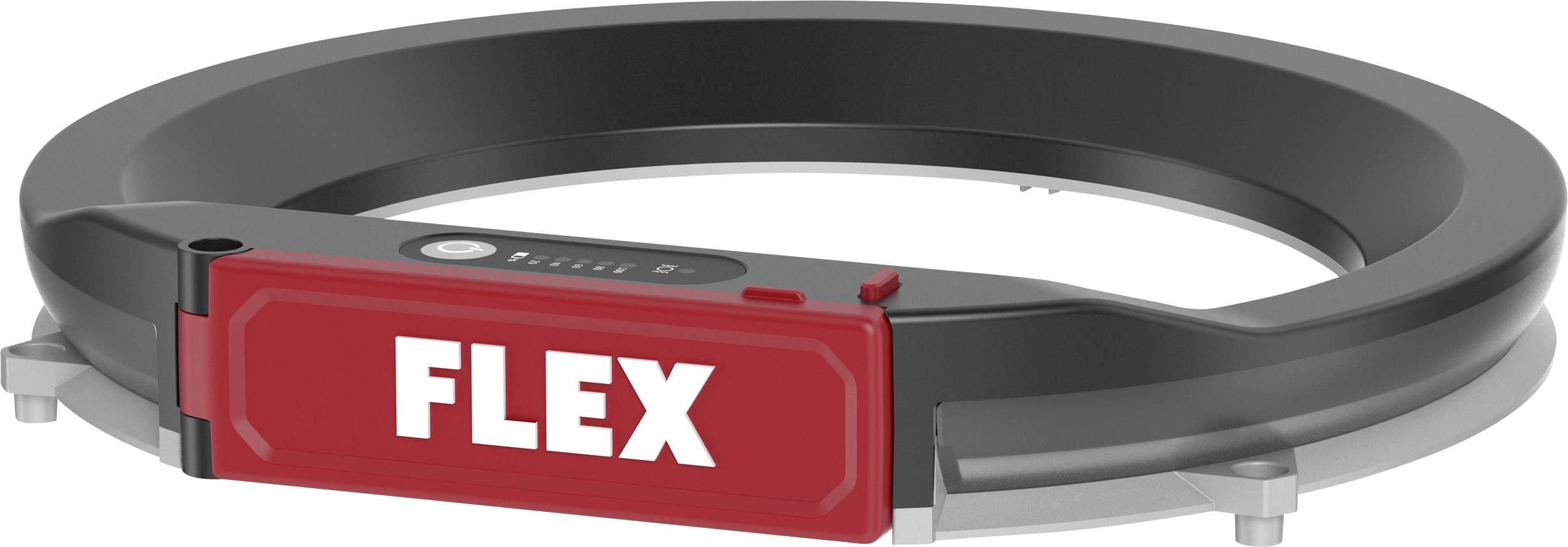 Luce LED rossa FLEX con fascetta, mostrata in un design circolare ad anello aperto con il logo 'FLEX' sul davanti.