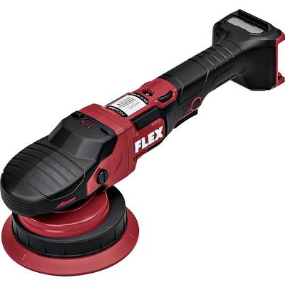 Levigatrice/lucidatrice senza fili FLEX rosso-nera con disco di lucidatura rotondo su sfondo bianco.