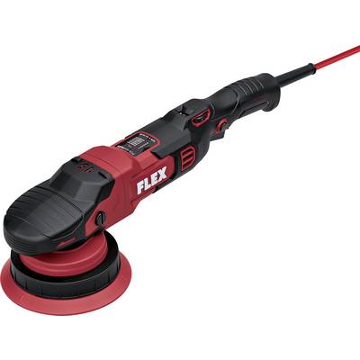 Smerigliatrice/lucidatrice FLEX elettrica rossa e nera con disco rotondo e cavo di alimentazione collegato, mostrata su sfondo bianco.