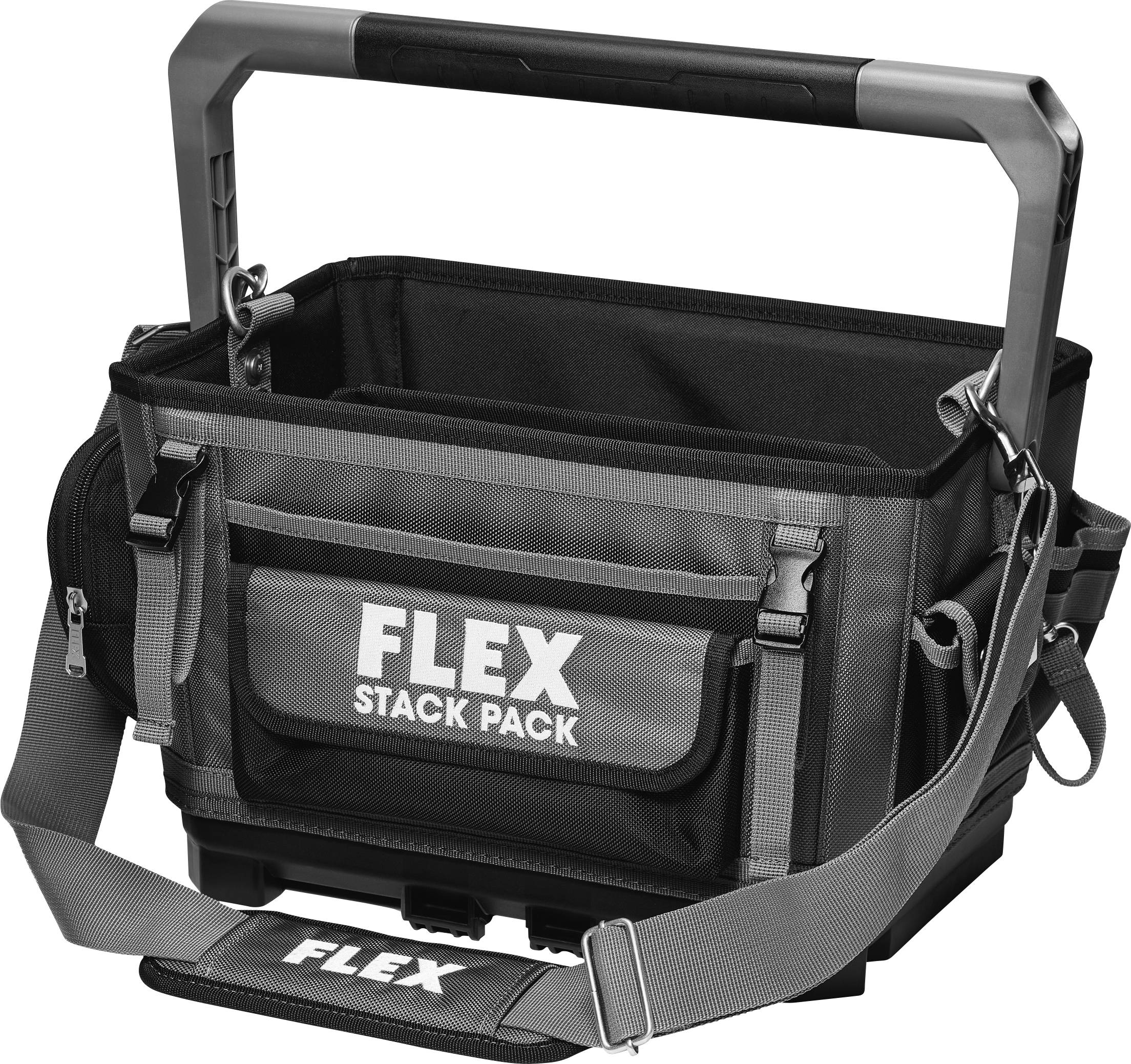 Borsa portautensili FLEX Stack Pack nera con manico rigido, tracolla e multiple tasche esterne su sfondo bianco.