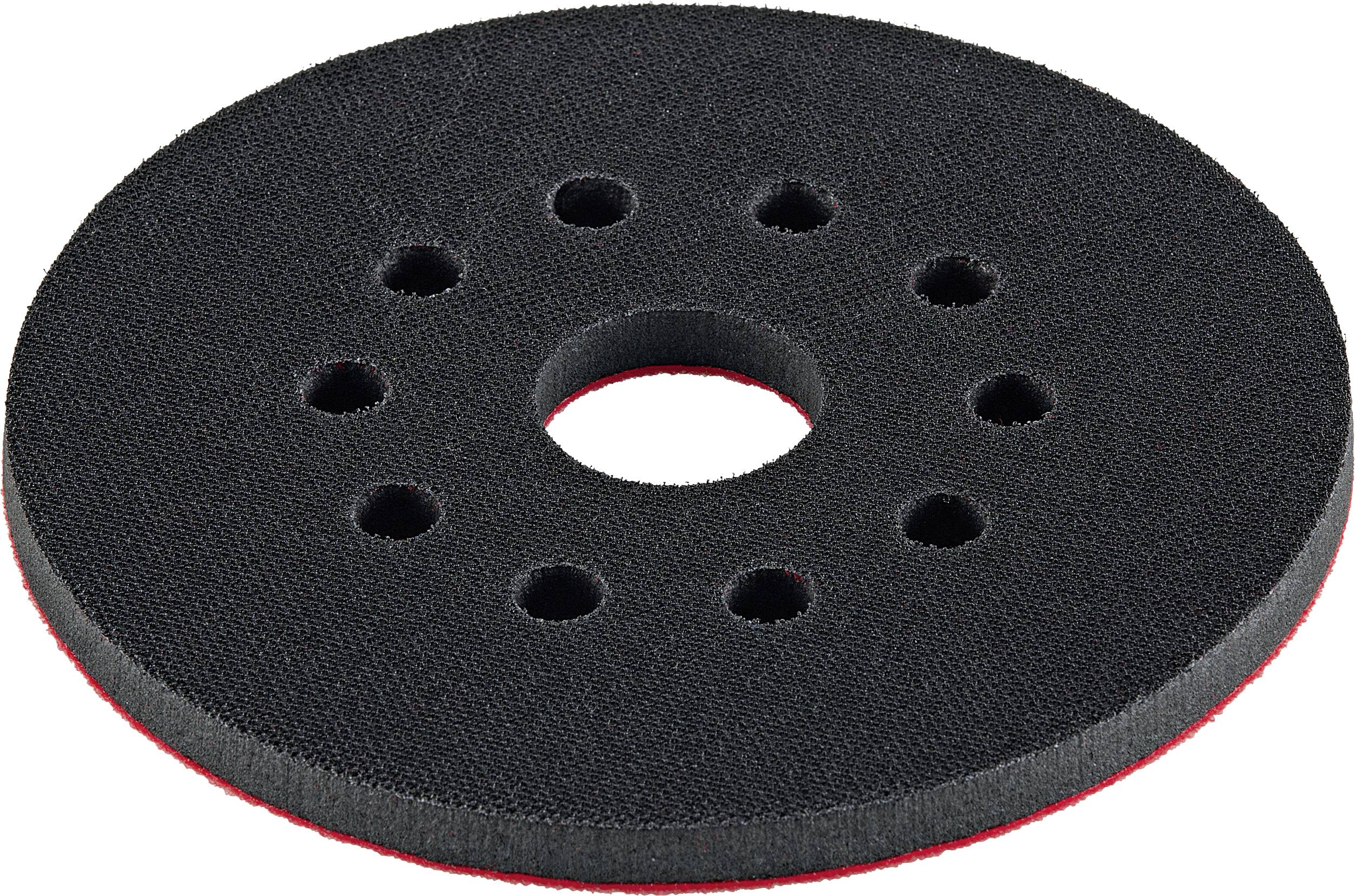 Disco abrasivo circolare nero con chiusura a gancio e anello, con foro centrale e molteplici fori per l'estrazione della polvere, mostrato su sfondo bianco.