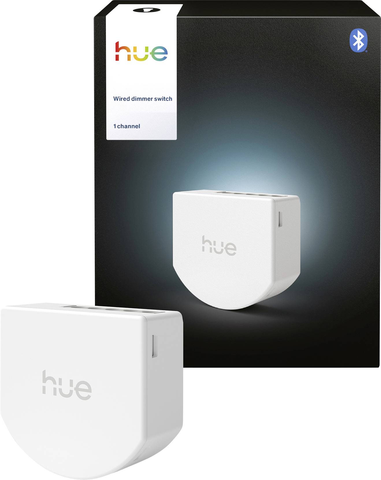 Pacchetto con interruttore dimmer cablato Philips Hue e due unità interruttore bianche, una mostrata sulla scatola con logo Bluetooth ed etichetta "1 channel".