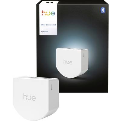 Pacchetto con interruttore dimmer cablato Philips Hue e due unità interruttore bianche, una mostrata sulla scatola con logo Bluetooth ed etichetta "1 channel".