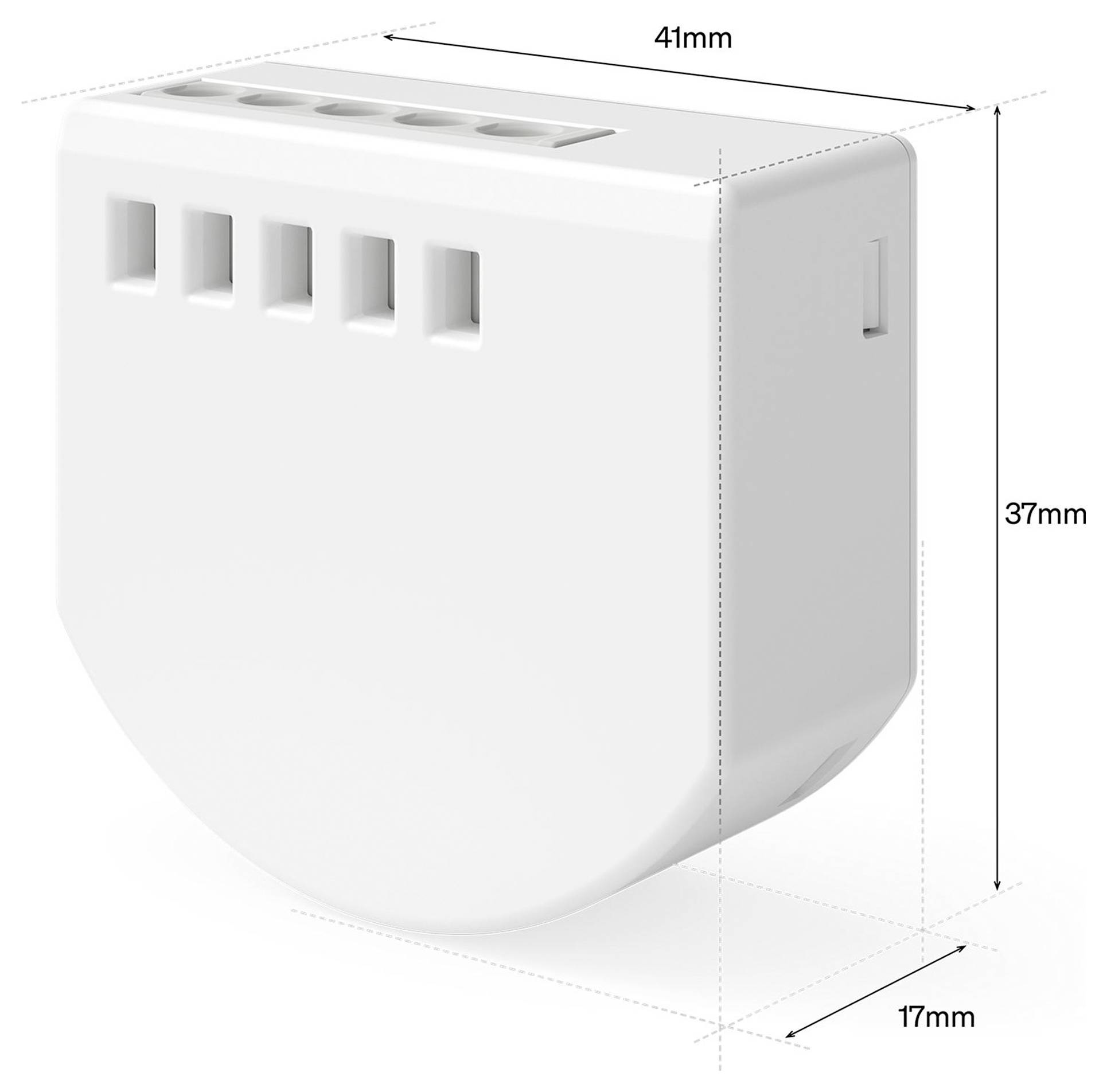Dispositivo rettangolare bianco mostrato in 3D con dimensioni etichettate di 41mm di larghezza, 37mm di altezza e 17mm di profondità, con prese d'aria laterali e una piccola fessura sulla parte superiore.