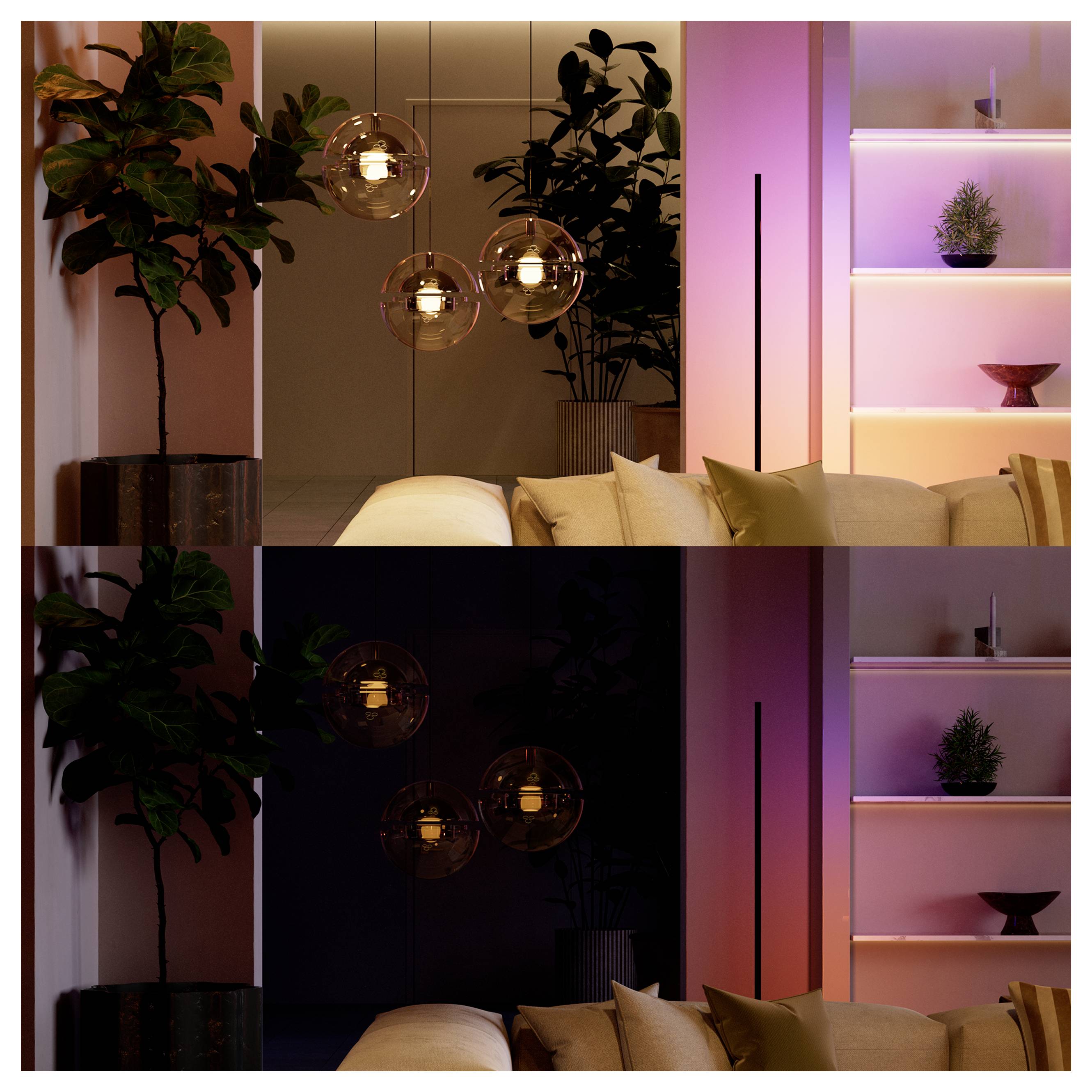 Confronto a due pannelli di un salotto moderno: in alto luminoso e calorosamente illuminato, in basso tenue e dall'atmosfera suggestiva, che mostra i cambiamenti dell'illuminazione su piante, lampade a sospensione, divano e scaffali illuminati di rosa.