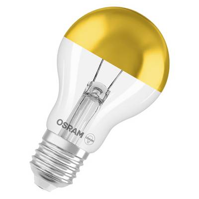 Una lampadina LED trasparente con il top tinto d'oro e il marchio "OSRAM" ben visibile su uno sfondo bianco.