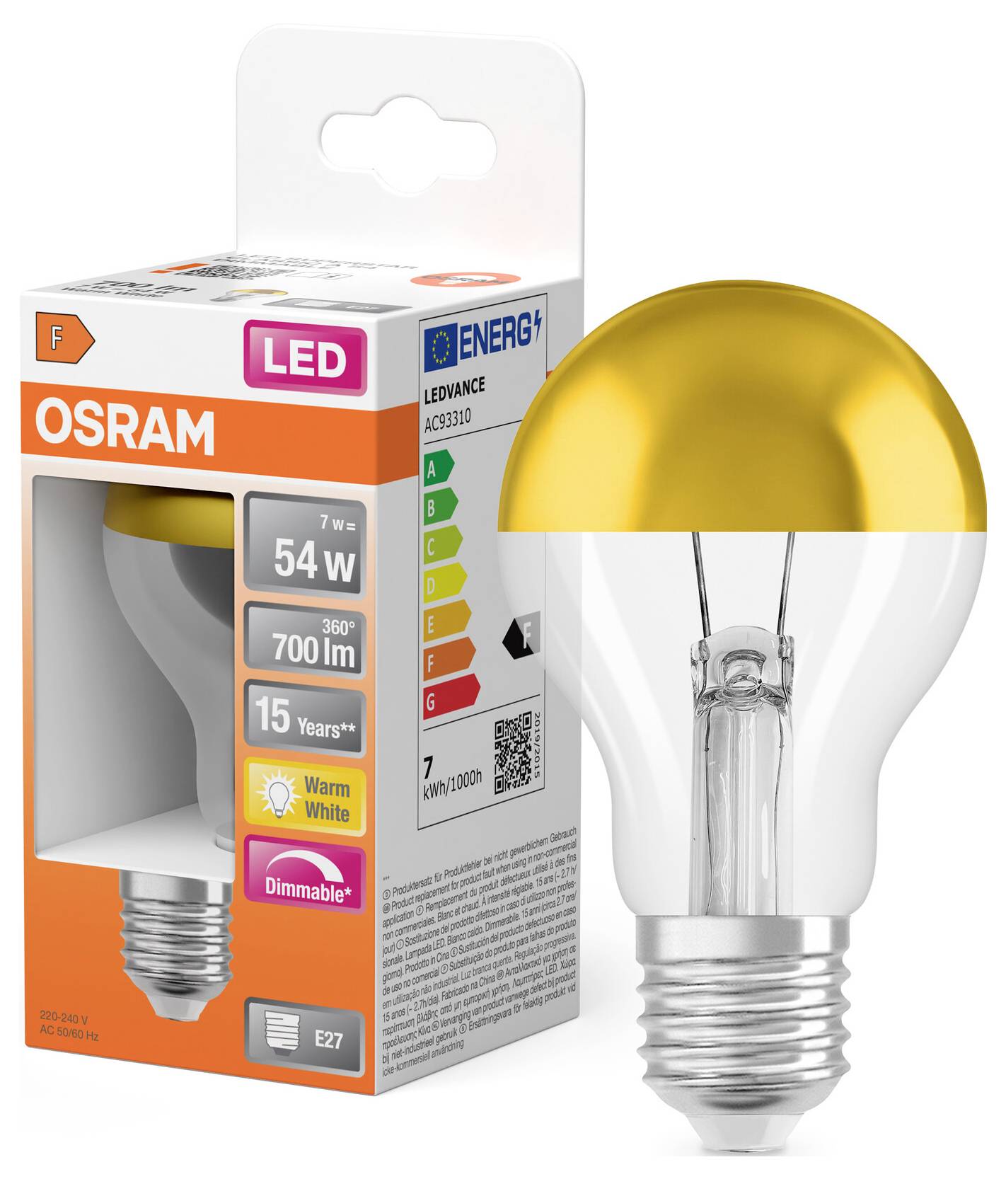 Lampadina LED OSRAM in confezione, etichettata 7W, equivalente a 54W, 700 lm, bianco caldo, dimmerabile, attacco E27.