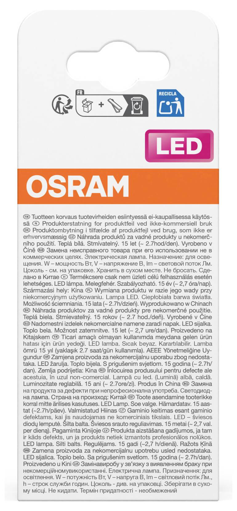 Confezione di lampadina LED OSRAM con simbolo di riciclo, icona di efficienza energetica blu e testo di sicurezza del prodotto in italiano e russo.