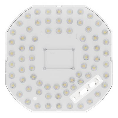 Vista dall'alto di un pannello luminoso LED circolare con molti piccoli LED e una piastra di montaggio centrale, più un modulo di controllo bianco in basso a destra.