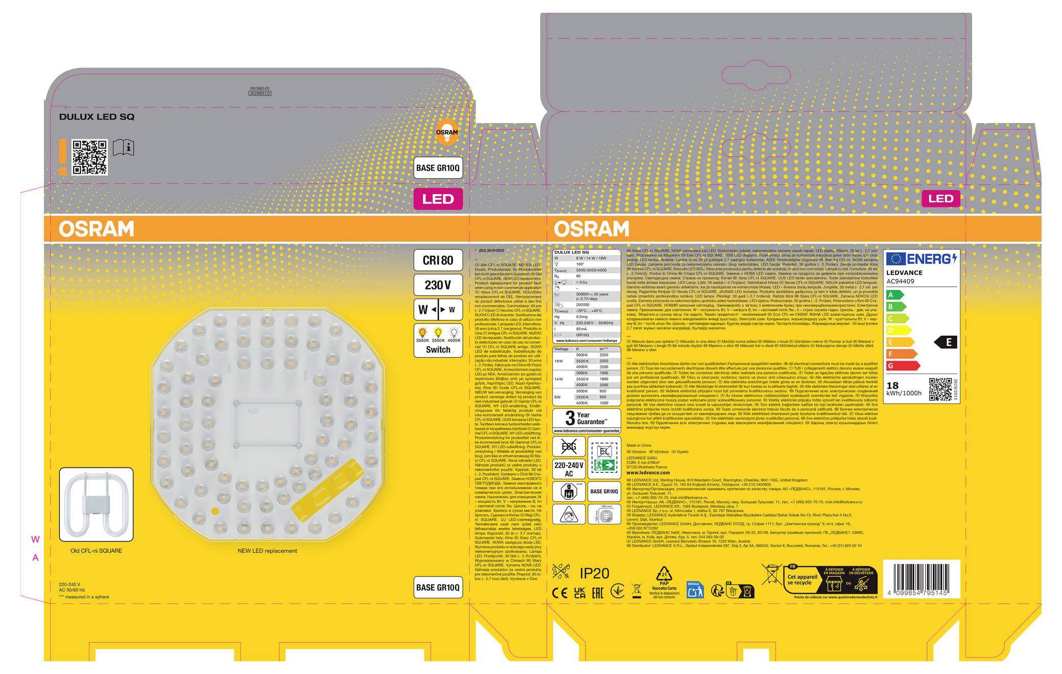 Confezione della lampada LED Osram mostrata davanti e dietro, con immagine del prodotto, specifiche, etichetta energetica e codice a barre su una scatola gialla.