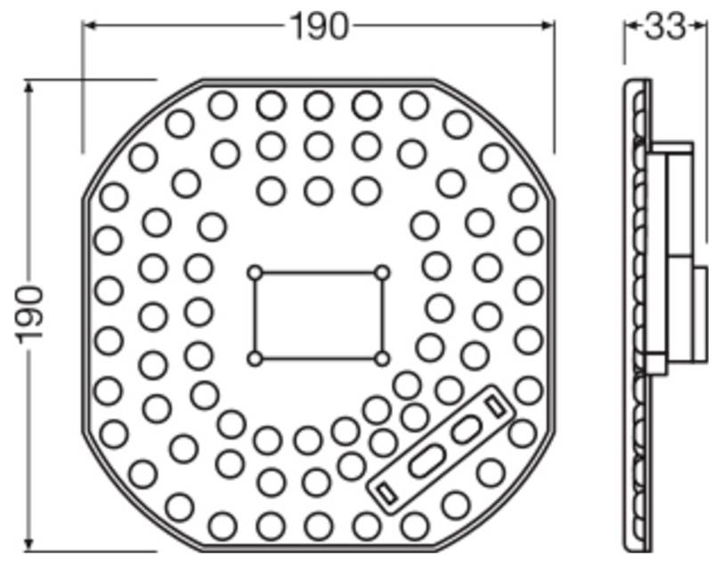 Disegno tecnico di un pannello ottagonale forato, 190 per 190 di larghezza e 33 di profondità, con un ritaglio rettangolare centrale e vista del profilo laterale.